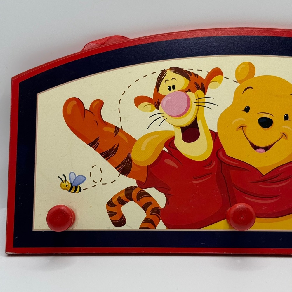 VTG Disney Winnie the Pooh Tigger Wooden Wall Coat Rack 3 Peg Nursery Decor Red - Picture 2 of 6